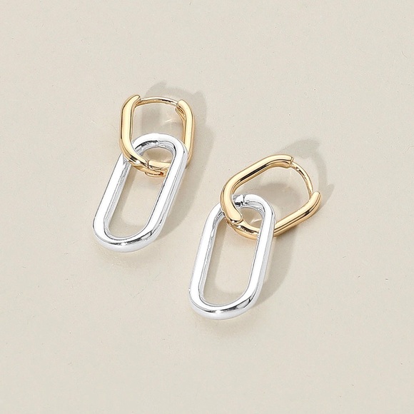 Two Tone Geometric Huggie Earrings - Picture 3 of 3